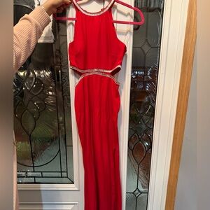 Red Sleeveless Cutout Evening Gown with Beaded Waist